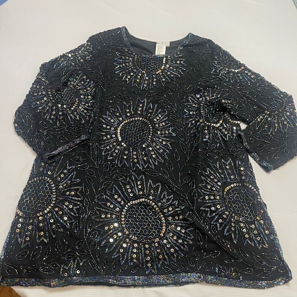 Carina VTG Black Pure Silk Beaded Top Plus Size 1X